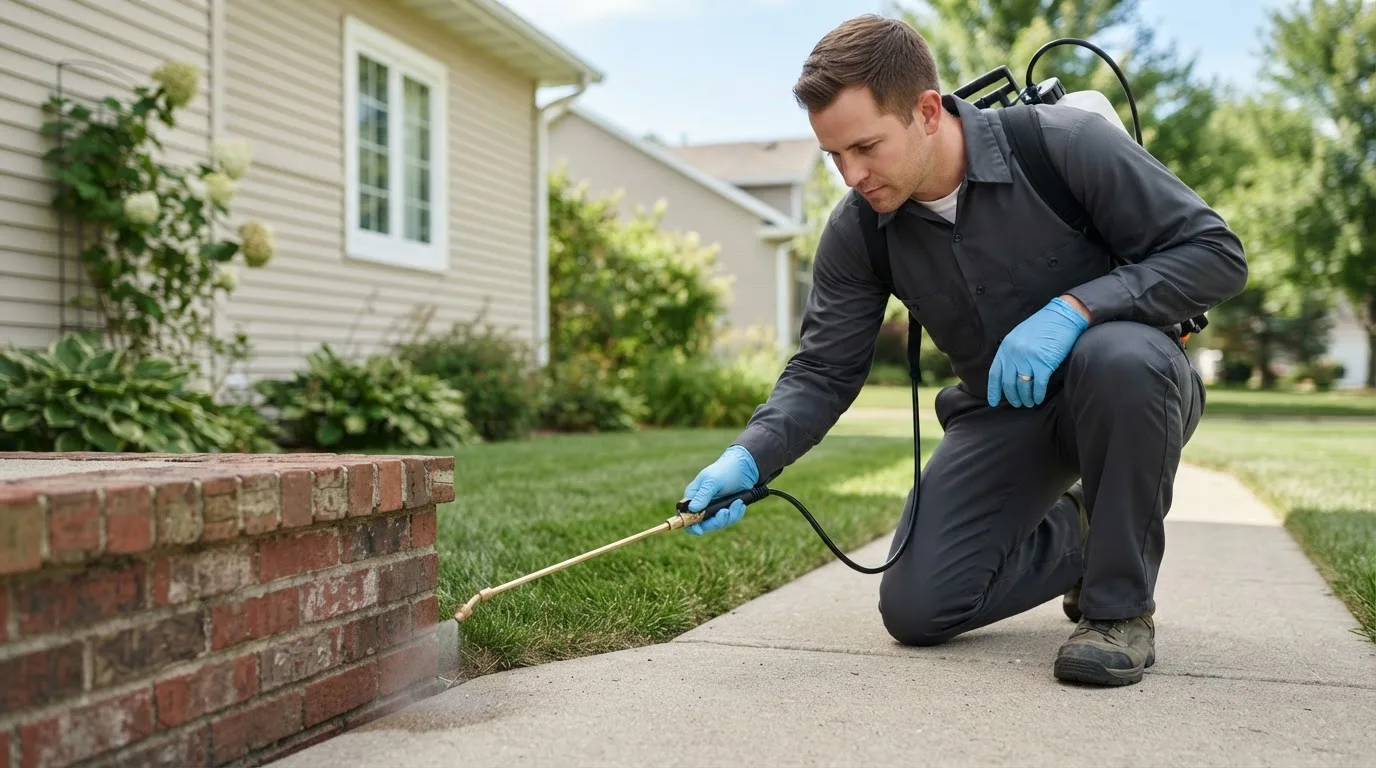 Pest control technician treating a home near Rochelle, TX